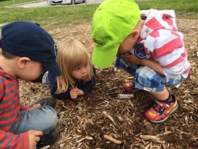 Three children closely inspecting the mulch together.