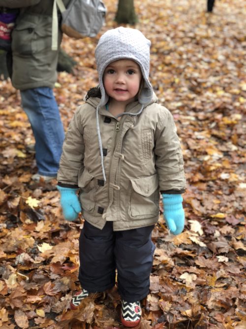 Preschooler in beige coat and blue mittens standing in a forest, surrounded by colourful leaves.