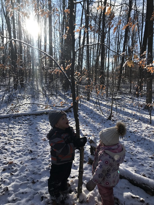 two children outside on a snowy forest trail standing beside a thin bare tree