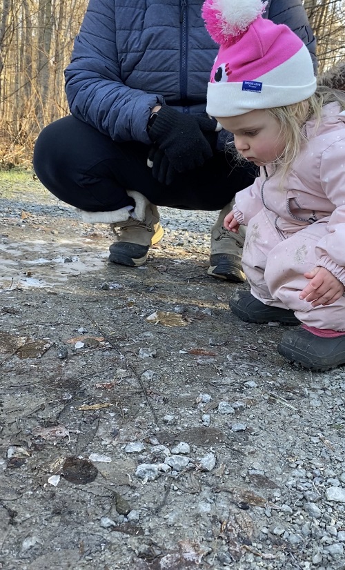 Toddler pink hat and jacket squating down with educator to look at icey puddles.