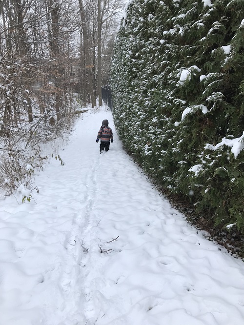 child walking away on a snowy forest trail in the distance