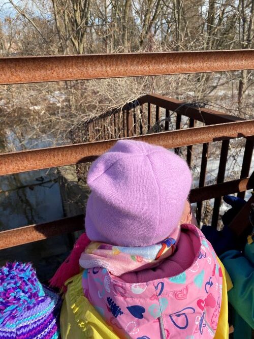 Child in pink jacket and hat looking out from a metal bridge.