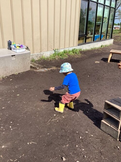 Boy is landing on the ground after jumping off wooden block.