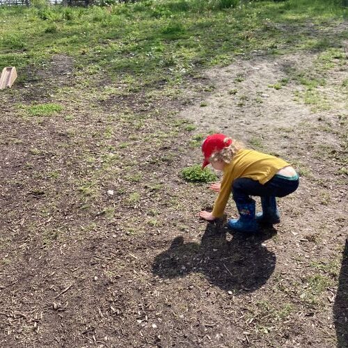Boy has landed on the ground after jumping off a small wooden block.