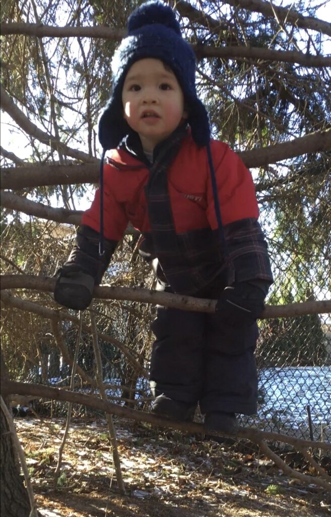 Toddler climbing vertically with both hands gripping a tree branch for support.