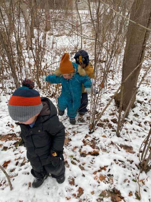 toddlers bundled up walking on a snowy nature trail