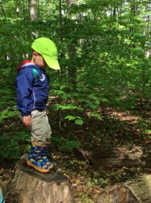 Child standing on a tree stump, gazing down thoughtfully in the forest.