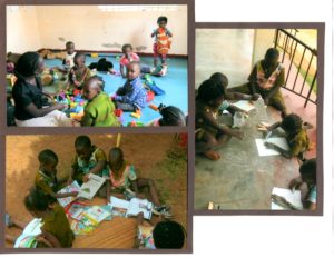 Uganda children in group settings in classroom.