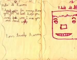 Drawing and writing on yellow paper.