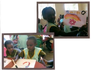 2 pictures of Uganda children in classroom painting.