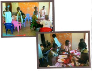 2 pictures of Uganda childen in classroom setting.