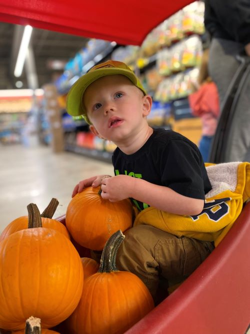 Small boy in wagon holding pumpkins at the grocery store.