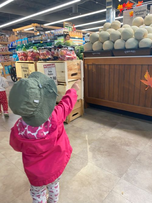 Child at grocery store pointing at white pumpkins on the shelf.