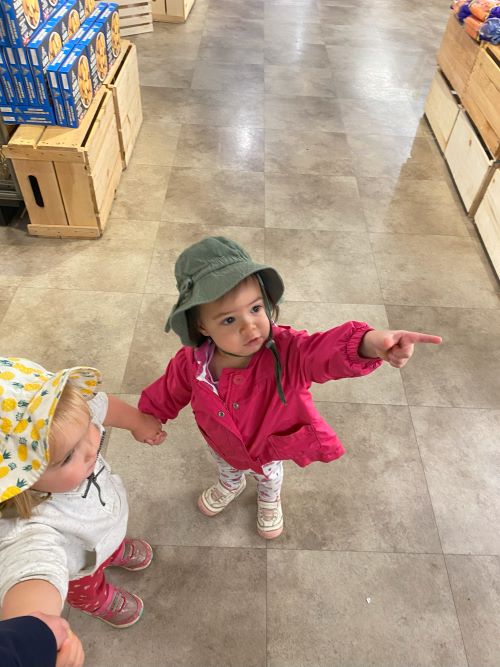 Two small girls holding hands with one of them pointing at something in a grocery store.