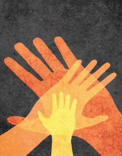 Illustration of layered adult and child hands symbolizing connection and belonging.