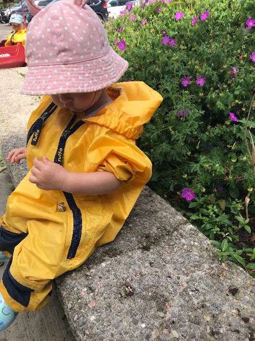 Child in a yellow rain suit sitting on a garden edge beside blooming purple flowers.
