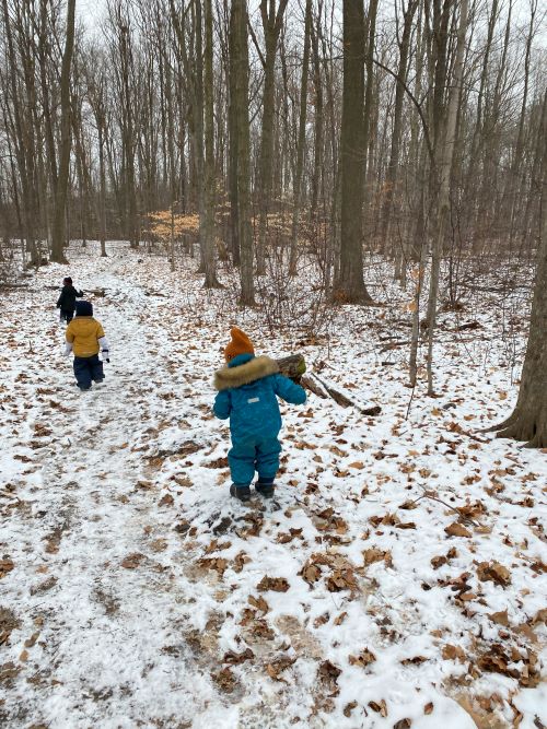 Children walking and exploring a snowy forest.